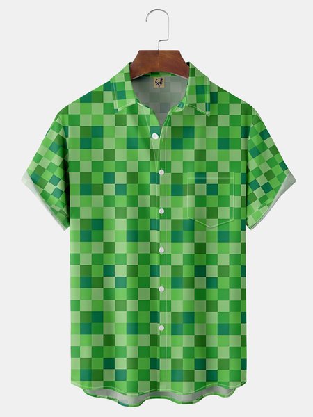 

Mosaic Chest Pocket Short Sleeve Casual Shirt, Green, Men Shirts