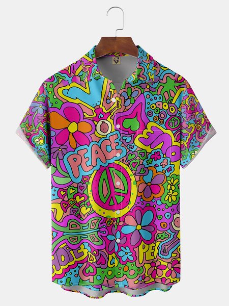 

Hippie Love and Peace Chest Pocket Short Sleeve Casual Shirt, Purple, Men Shirts