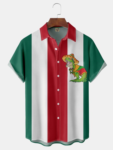 

Cinco De Mayo Dinosaur Chest Pocket Short Sleeve Bowling Shirt, Green, Men Shirts