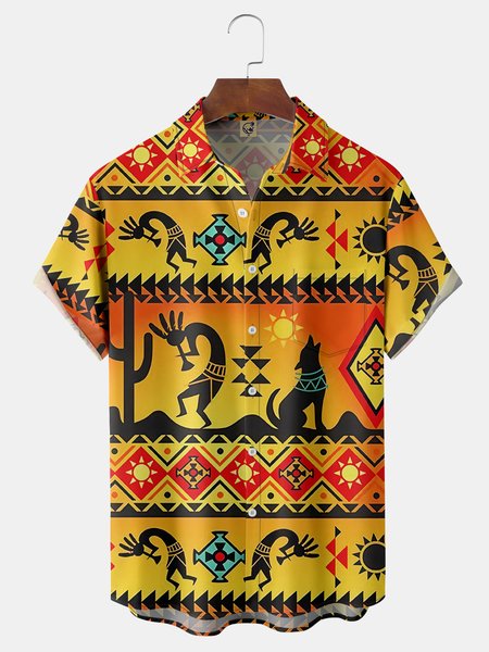 

Ethnic Chest Pocket Short Sleeve Hawaiian Shirt, Yellow, Men Shirts
