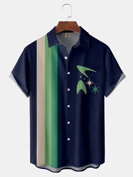 

Mid Century Pattern Chest Pocket Short Sleeve Bowling Shirt, Blue, Men Shirts