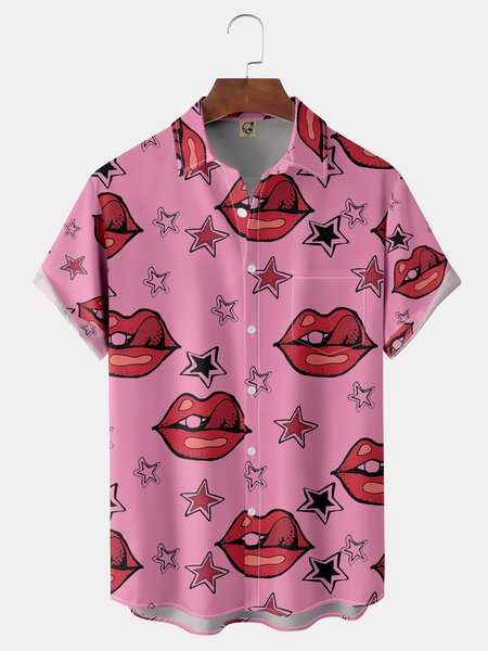 

Fun Lips Chest Pocket Short Sleeve Casual Shirt, Pink, Men Shirts