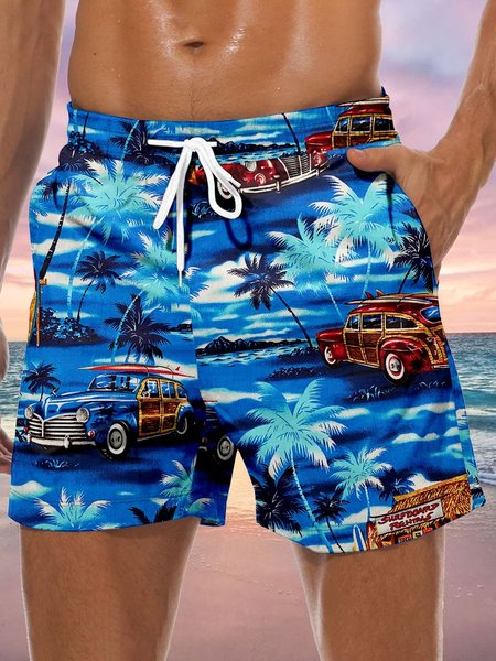 

Coconut Tree Car Drawstring Beach Shorts, Blue, Men's shorts