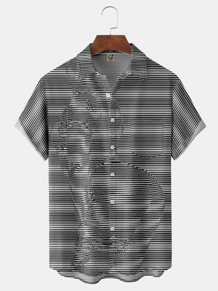 Stripe Chest Pocket Short Sleeve Hawaiian Shirt, Black, Men Shirts