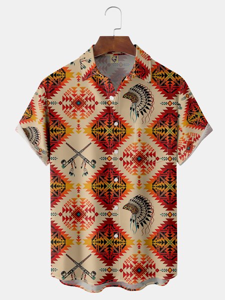 

Indian Ethnic Chest Pocket Short Sleeve Casual Shirt, Orange red, Men Shirts