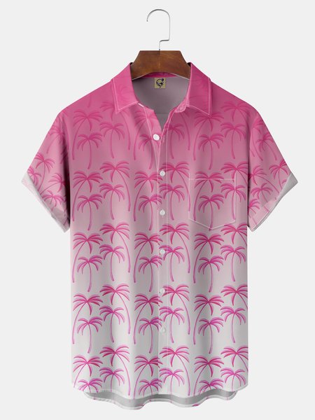

Gradient Coconut Tree Chest Pocket Short Sleeve Hawaiian Shirt, Pink, Men Shirts