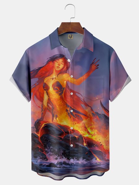 

Mermaid Chest Pocket Short Sleeve Hawaiian Shirt, Blue, Men Shirts