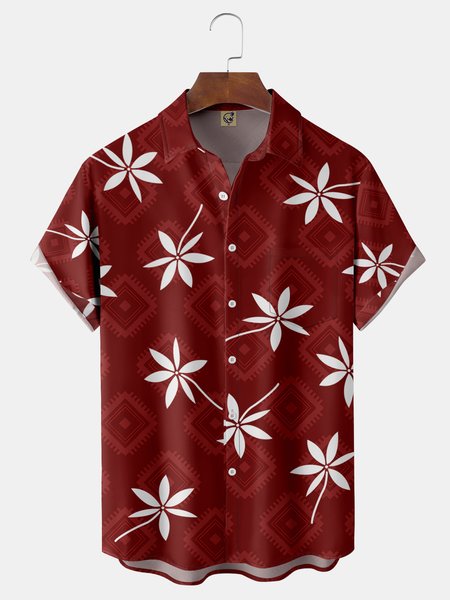 

Tropical Flowers Chest Pocket Short Sleeve Hawaiian Shirt, Red, Men Shirts