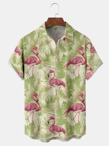 

Flamingo Chest Pocket Short Sleeve Hawaiian Shirt, Green, Men Shirts