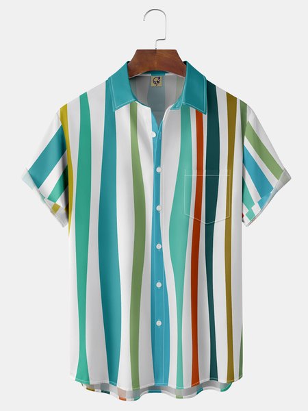 

Color Block Chest Pocket Short Sleeve Hawaiian Shirt, Green, Men Shirts