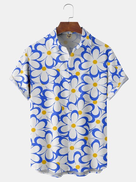 

Floral Chest Pocket Short Sleeve Casual Shirt, Blue, Men Shirts