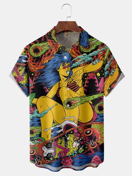 

Skateboard Chest Pocket Short Sleeve Casual Shirt, Yellow, Men Shirts