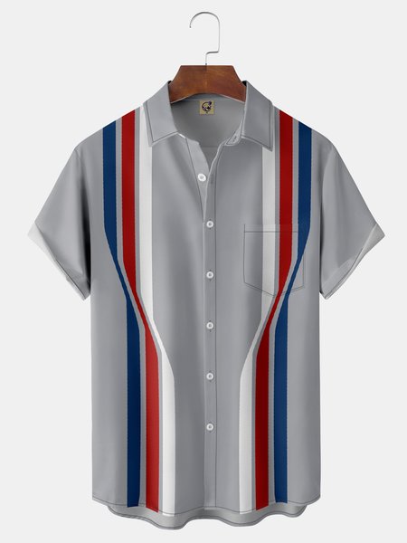 

Abstract Striped Chest Pocket Short Sleeve Bowling Shirt, Gray, Men Shirts