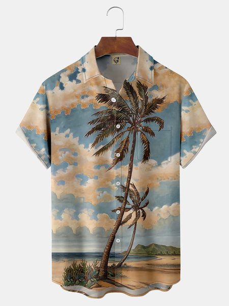 

Coconut Tree Chest Pocket Short Sleeve Hawaiian Shirt, Blue, Men Shirts