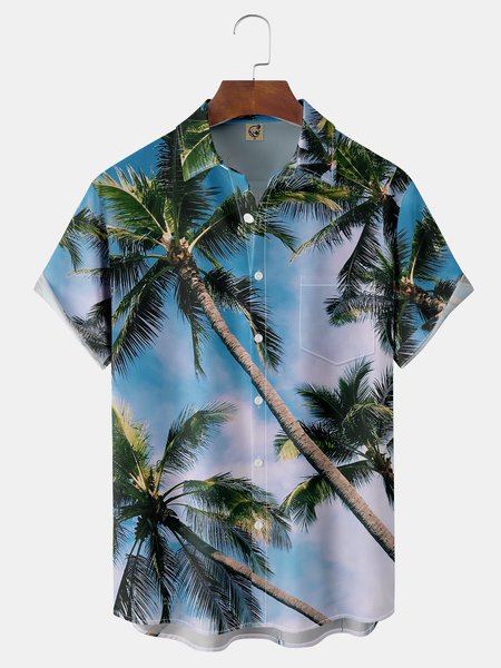 

Coconut Tree Chest Pocket Short Sleeve Hawaiian Shirt, Blue, Men Shirts