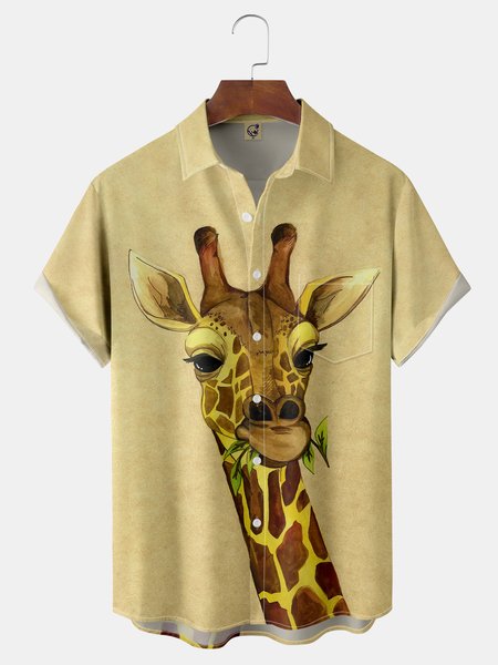 

Animal Deer Chest Pocket Short Sleeve Casual Shirt, Yellow, Men Shirts