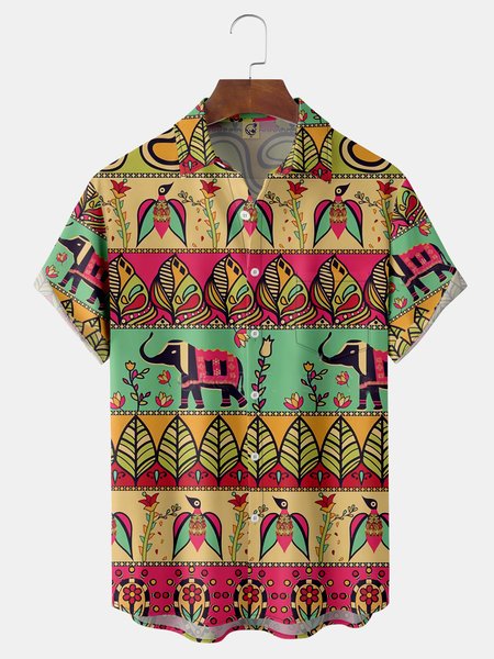 

Ethnic Pattern Chest Pocket Short Sleeve Hawaiian Shirt, Khaki, Men Shirts