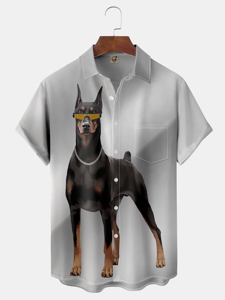 

Dobermann Chest Pocket Short Sleeve Hawaiian Shirt, Gray, Men Shirts