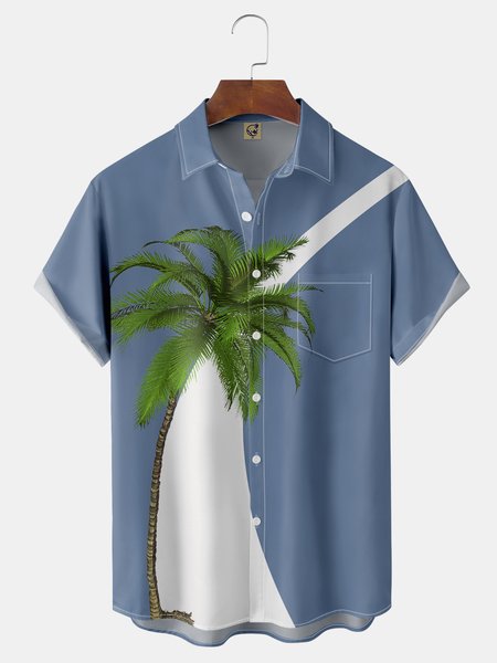 

Coconut Tree Chest Pocket Short Sleeve Hawaiian Shirt, Blue, Men Shirts