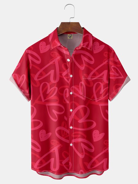 

Valentine Hearts Chest Pocket Short Sleeve Casual Shirt, Red, Men Shirts