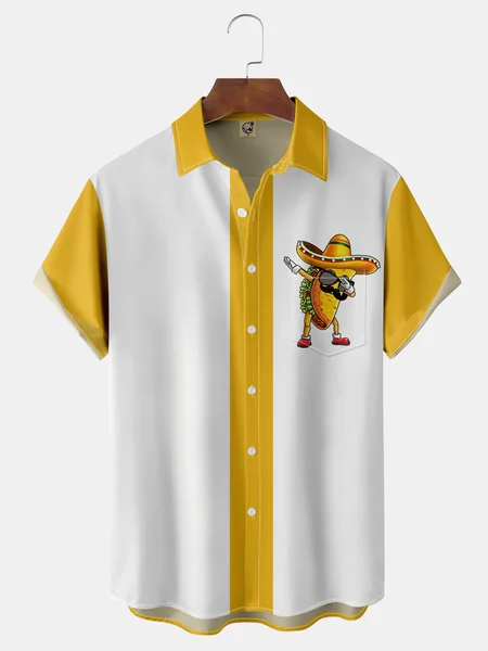 

Burrito Chest Pocket Short Sleeve Bowling Shirt, White, Men Shirts