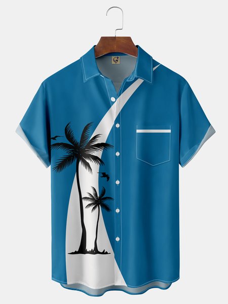 

Coconut Tree Chest Pocket Short Sleeve Shirt, Blue, Men Shirts