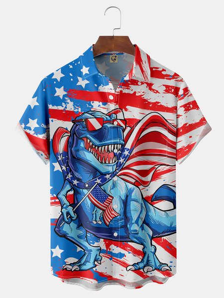

Independence Day Flag Dinosaur Chest Pocket Short Sleeve Shirt, Blue, Short Sleeve Shirts