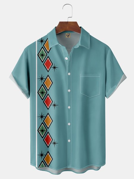 

Mid Century Pattern Chest Pocket Short Sleeve Bowling Shirt, Green, Men Shirts
