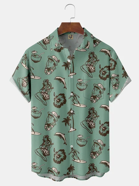 

Hula Girl Chest Pocket Short Sleeve Hawaiian Shirt, Blue, Men Shirts