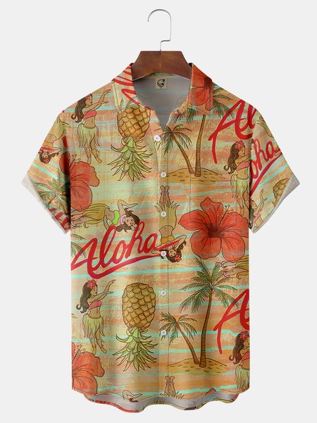 

Hula Girl Chest Pocket Short Sleeve Hawaiian Shirt, Yellow, Men Shirts