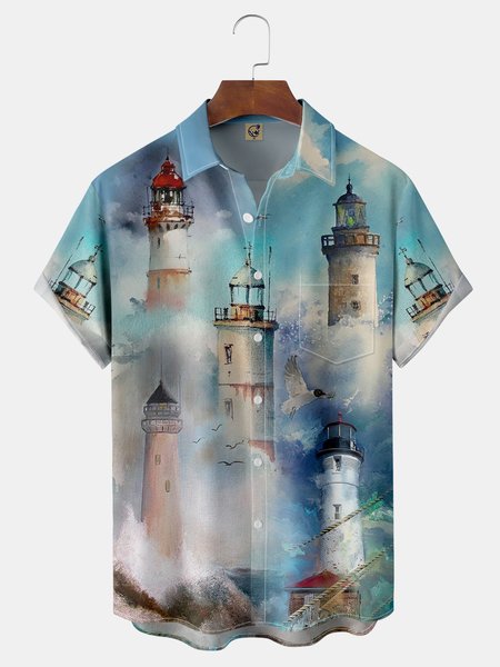 

Watercolor Lighthouse Chest Pocket Short Sleeve Hawaiian Shirt, Blue, Men Shirts