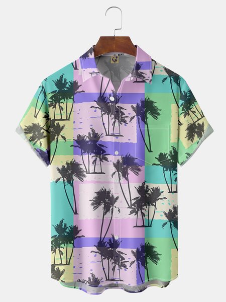 

Coconut Tree Chest Pocket Short Sleeve Hawaiian Shirt, Green, Men Shirts