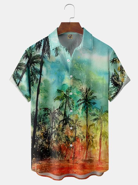

Watercolor Coconut Tree Chest Pocket Short Sleeve Hawaiian Shirt, Green, Men Shirts
