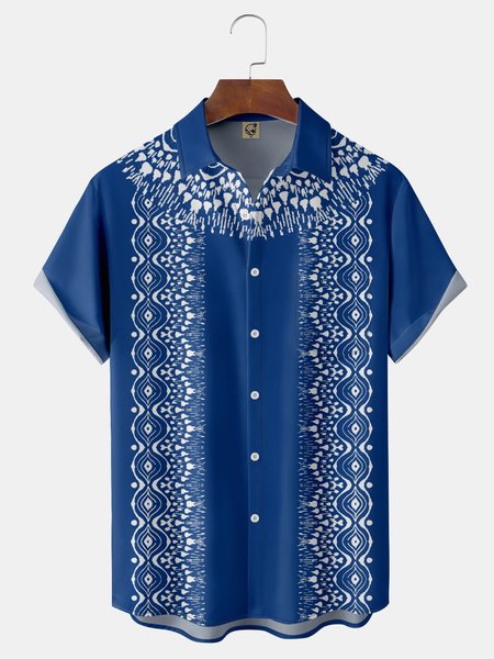 

Striped Chest Pocket Short Sleeve Bowling Shirt, Blue, Men Shirts