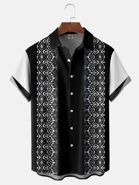 

Texture Chest Pocket Short Sleeve Bowling Shirt, Black, Men Shirts