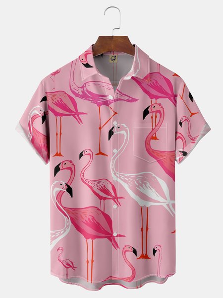 

Flamingo Chest Pocket Short Sleeve Hawaiian Shirt, Pink, Men Shirts