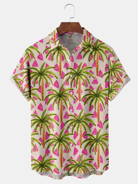 

Coconut Tree Chest Pocket Short Sleeve Hawaiian Shirt, Pink, Men Shirts