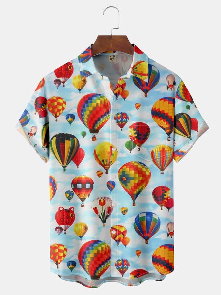 

Balloon Chest Pocket Short Sleeve Hawaiian Shirt, Blue, Men Shirts