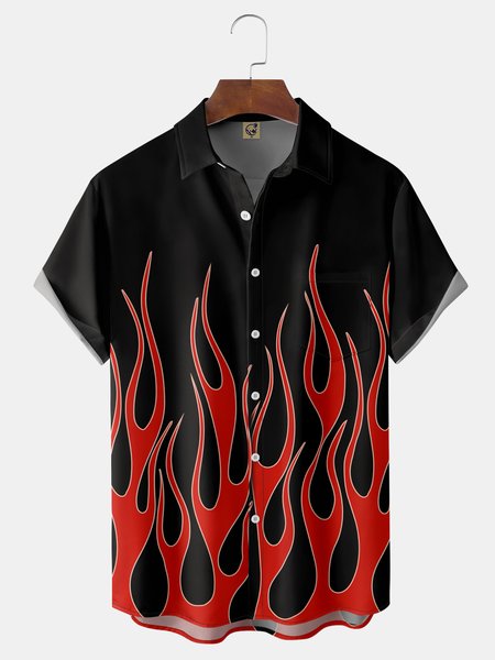 

Flame Chest Pocket Short Sleeves Casual Shirts, Black, Men Shirts