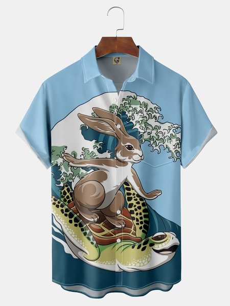 

Ukiyo-e Rabbit Chest Pocket Short Sleeve Casual Shirt, Blue, Men Shirts