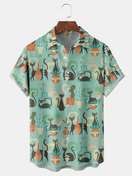 

Cat Chest Pocket Short Sleeve Shirt, Green, Men Shirts