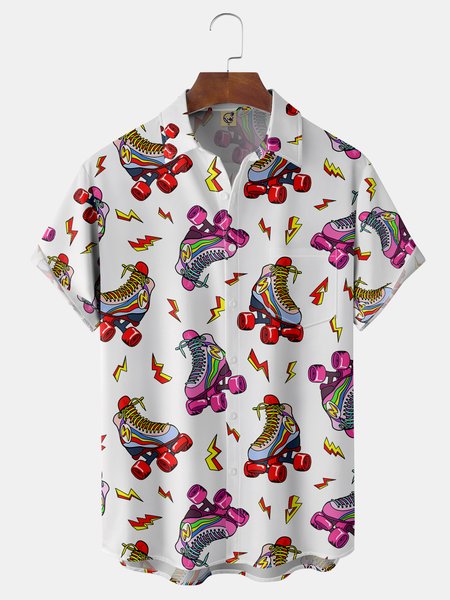 

Roller Skating Chest Pocket Short Sleeve Casual Shirt, White, Men Shirts