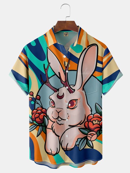 

Easter Bunny Chest Pocket Short Sleeves Casual Shirt, Blue, Men Shirts