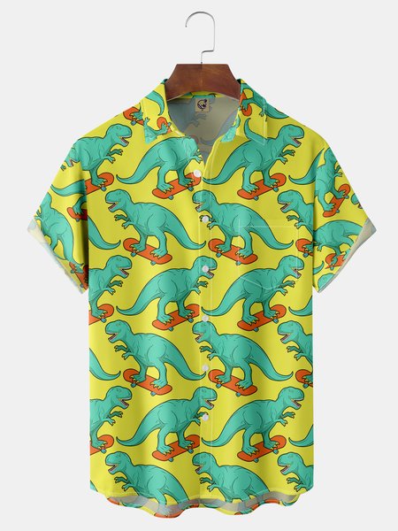 

Animal Dinosaur Chest Pocket Short Sleeve Casual Shirt, Yellow, Men Shirts