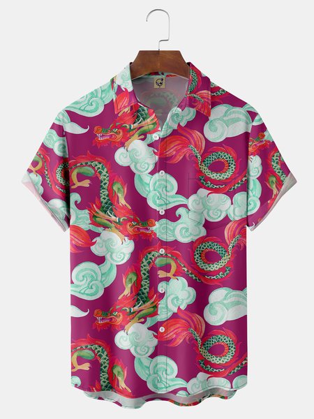 

Animal Dragon Print Chest Pocket Short Sleeve Casual Shirt, Red, Men Shirts