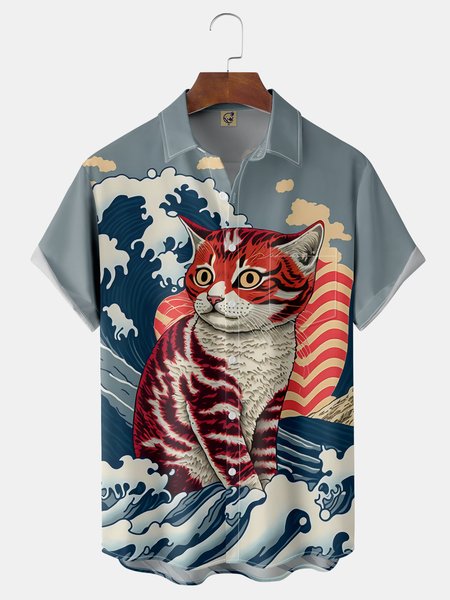 

Ukiyo-e Cat Chest Pocket Short Sleeves Casual Shirt, Blue, Men Shirts