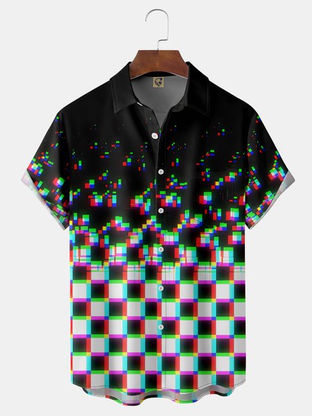 

Geometric Check Chest Pocket Short Sleeve Casual Shirt, Black, Men Shirts