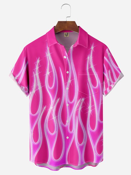 

Flame Chest Pocket Short Sleeve Casual Shirt, Pink, Men Shirts