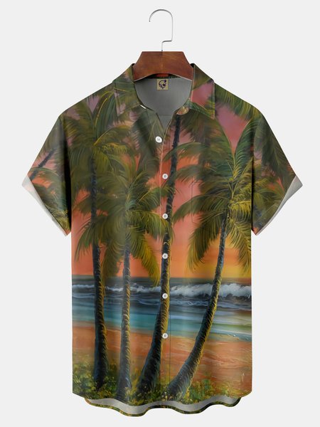 

Palm Tree Painting Chest Pocket Short Sleeve Hawaiian Shirt, Green, Men Shirts