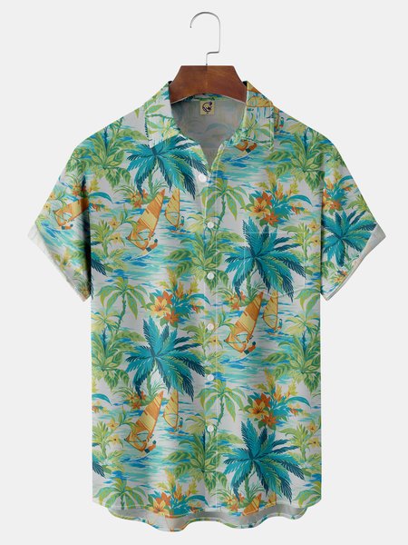 

Coconut Tree Chest Pocket Short Sleeve Hawaiian Shirt, Green, Men Shirts